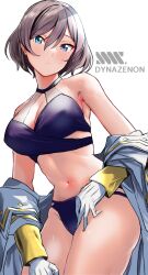 Rule 34 | 1girl, bare shoulders, bikini, blue eyes, breasts, brown hair, cleavage, cowboy shot, gloves, gridman universe, highres, jacket, large breasts, looking at viewer, military jacket, mujina, navel, purple bikini, short hair, solo, ssss.dynazenon, swimsuit, thighs, totoki86, white background, white gloves, white jacket