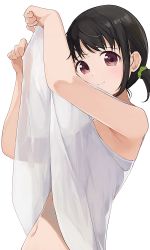 Rule 34 | 1girl, armpits, bare shoulders, black hair, blush, closed mouth, clothes lift, commentary request, from side, highres, hiroki (yyqw7151), lifting own clothes, looking at viewer, looking to the side, low ponytail, navel, original, red eyes, see-through silhouette, shirt lift, short hair, sleeveless, smile, solo, stomach, upper body