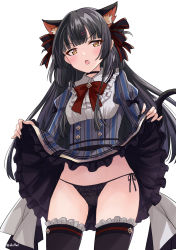 Rule 34 | 1girl, :o, animal ears, black choker, black dress, black hair, black panties, black thighhighs, bow, bowtie, breasts, brown eyes, cat ears, cat girl, cat tail, choker, clothes lift, cowboy shot, dress, dress lift, eluthel, fang, frilled dress, frilled panties, frilled shirt collar, frilled thighhighs, frills, frown, hair bow, hair ornament, hairclip, highres, idolmaster, idolmaster shiny colors, juliet sleeves, kemonomimi mode, long hair, long sleeves, looking at viewer, mayuzumi fuyuko, open mouth, panties, puffy sleeves, side-tie panties, simple background, small breasts, solo, standing, string panties, striped clothes, striped dress, tail, thighhighs, thighs, underwear, v-shaped eyebrows, white background, wing collar
