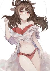 Rule 34 | 1girl, absurdres, animal ears, arknights, bare shoulders, bikini, blush, brown hair, commentary, cowboy shot, eyjafjalla (arknights), eyjafjalla (summer flower) (arknights), hand up, highres, horns, kajuu, long hair, looking at viewer, navel, off-shoulder bikini, off shoulder, parted lips, pink bikini, pink eyes, sheep ears, sheep horns, short sleeves, simple background, solo, standing, stomach, swimsuit, thighs, white background