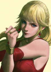 Rule 34 | 1girl, artist name, bare shoulders, blonde hair, blue eyes, bracelet, brown collar, c home, collar, earrings, final fantasy, final fantasy xiv, from side, hand up, highres, hyur, jewelry, long hair, looking at viewer, lyse hext, metal collar, monk (final fantasy), ponytail, realistic, ring, signature, simple background, solo, stretching, upper body, yellow background