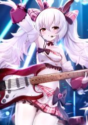 Rule 34 | 1girl, :o, animal ears, arm up, armpits, artist name, azur lane, bare shoulders, black choker, blush, bow, breasts, choker, collarbone, commentary request, cowboy shot, crop top, detached sleeves, electric guitar, eyebrows hidden by hair, fake animal ears, frills, gluteal fold, guitar, hair between eyes, hair bow, hairband, headset, highres, holding, holding instrument, idol, instrument, laffey (azur lane), laffey (bunny idol @unmotivated) (azur lane), long hair, looking at viewer, midriff, navel, nekoya (liu), pantyhose, partial commentary, pink skirt, plaid, plaid bow, plaid skirt, pleated skirt, rabbit ears, red eyes, red hairband, ribbon choker, sidelocks, single strap, skirt, small breasts, solo, stage lights, standing, twintails, twitter username, very long hair, white hair, white pantyhose, white sleeves