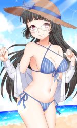 Rule 34 | 1girl, beach, bikini, black hair, blue bikini, blue sky, breasts, choukai (kancolle), cleavage, cloud, commentary request, cowboy shot, day, front-tie top, halterneck, hat, highres, kantai collection, lens flare, light rays, long hair, looking at viewer, medium breasts, outdoors, red eyes, rimless eyewear, side-tie bikini bottom, sky, smile, solo, straw hat, string bikini, striped bikini, striped clothes, sun hat, sunbeam, sunlight, swimsuit, yomogi dango
