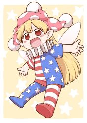 Rule 34 | 1girl, :d, american flag dress, american flag legwear, blonde hair, blush, chibi, clownpiece, commentary request, fairy wings, hat, jester cap, looking at viewer, open mouth, outstretched arms, pantyhose, poronegi, red eyes, short sleeves, smile, solo, spread arms, star (symbol), star print, starry background, touhou, wings, yellow background