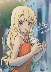 Rule 34 | 1girl, alternate hairstyle, artist name, birthday, blonde hair, blue eyes, blurry, blurry background, cappuccino, casual, character name, commentary, cup, darjeeling (girls und panzer), dated, day, depth of field, disposable cup, dress, drinking straw, from side, girls und panzer, hair down, happy birthday, highres, holding, holding cup, kuroneko douji, long hair, looking at viewer, orange dress, outdoors, signature, solo, spaghetti strap, standing, sundress, sweatdrop