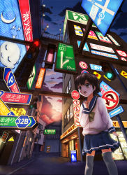 Rule 34 | 1girl, alley, black hair, brown eyes, brown hair, city, from below, hand on own chest, neon lights, night, original, outdoors, road sign, school uniform, serafuku, short hair, sign, solo, thighhighs, toitoi508