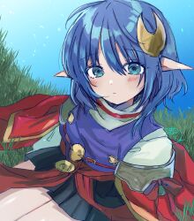 Rule 34 | 1girl, absurdres, blue eyes, blue hair, blush, cape, closed mouth, crescent, crescent hair ornament, grass, hair ornament, highres, looking at viewer, nonono 9, pointy ears, red cape, rena lanford, short hair, skirt, solo, star ocean, star ocean the second story