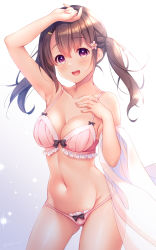 Rule 34 | 1girl, arm up, armpits, bare arms, bare shoulders, bra, breasts, brown hair, cleavage, collarbone, cowboy shot, flower, frilled bra, frilled panties, frills, gluteal fold, groin, hair flower, hair ornament, hairclip, hand on own chest, large breasts, long hair, looking at viewer, mizukoshi mayu, navel, open mouth, original, panties, pink bra, pink panties, purple eyes, sidelocks, smile, solo, standing, stomach, thighs, twintails, underwear, underwear only