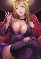 Rule 34 | 10s, 1girl, :d, areola slip, artist name, blonde hair, braid, breasts, cleavage, crossed legs, crown braid, hair rings, highres, hiroki ree, large breasts, lips, looking at viewer, love live!, love live! school idol project, love live! sunshine!!, nail polish, nipples, no bra, ohara mari, ok sign, open mouth, short hair, sitting, smile, solo, thighhighs, thighs, yellow eyes