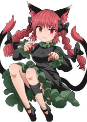 Rule 34 | 1girl, :3, animal ears, black bow, black dress, black footwear, bow, braid, cat ears, cat tail, chups, closed mouth, dress, extra ears, full body, hair bow, high heels, highres, kaenbyou rin, long hair, long sleeves, looking at viewer, multiple tails, nail polish, nekomata, red eyes, red hair, red nails, side braids, smile, solo, tail, touhou, twin braids, two tails, white background