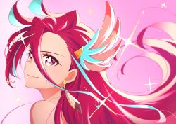 Rule 34 | 1girl, absurdres, blue hair, closed mouth, cure flamingo, earrings, eriko (nakaeri gogo), feather earrings, feathers, gradient background, hair between eyes, highres, huge filesize, jewelry, long hair, looking at viewer, multicolored hair, pink background, precure, red eyes, red hair, smile, takizawa asuka, tropical-rouge! precure, two-tone hair, upper body