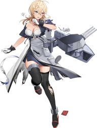 Rule 34 | 1girl, blonde hair, blue eyes, bra, breasts, cleavage, collared shirt, full body, gloves, hair ornament, hairclip, hoshiakari (c2 kikan), kantai collection, large breasts, machinery, official art, pencil skirt, shirt, short hair, skirt, thighhighs, transparent background, turret, tuscaloosa (kancolle), two-tone gloves, underwear, white bra
