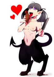 Rule 34 | 1girl, ahoge, bad end, blood, breasts, collarbone, fangs, fellatio, guro, hajime (vasu), heart, holding, knife, licking, monster girl, navel, nipples, open mouth, oral, original, pain, penis, pointy ears, purple eyes, satyr, severed penis, simple background, small breasts, standing, tail, tongue, tongue out, white background