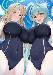 Rule 34 | 2girls, abydos high school swimsuit, ahoge, bare arms, bare legs, bare shoulders, black one-piece swimsuit, blue archive, blush, breasts, closed mouth, dyne gallon, green eyes, green hair, green halo, halo, highres, huge ahoge, large breasts, light brown hair, long hair, multiple girls, nonomi (blue archive), one-piece swimsuit, open mouth, school swimsuit, smile, swimsuit, yellow eyes, yume (blue archive)
