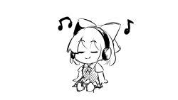 Rule 34 | bow, chibi, cirno, closed eyes, closed mouth, commentary, dress, english commentary, ferdy&#039;s lab, full body, greyscale, hair bow, headphones, highres, monochrome, musical note, short hair, short sleeves, sitting, smile, touhou