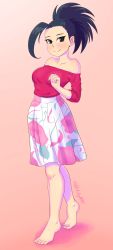 Rule 34 | 10s, 1girl, absurdres, asymmetrical hair, bare shoulders, barefoot, black eyes, black hair, blouse, blush, boku no hero academia, breasts, feet, floral print, forehead, full body, glitchynpc, highres, legs, medium breasts, pink background, ponytail, shirt, simple background, skirt, smile, solo, standing, yaoyorozu momo