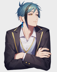 Rule 34 | 13 (bbr584607091), 1boy, black hair, black jacket, blue hair, brown eyes, closed mouth, collared shirt, crossed arms, dress shirt, earrings, floyd leech, frown, grey background, grey vest, heterochromia, highres, jacket, jewelry, long sleeves, looking away, looking to the side, male focus, multicolored hair, night raven college uniform, shirt, short hair, sideways glance, simple background, solo, streaked hair, twisted wonderland, upper body, vest, white shirt, yellow eyes