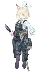 Rule 34 | 1girl, absurdres, animal ears, aqua eyes, belt pouch, black gloves, black pantyhose, black skirt, blonde hair, blue archive, blue halo, bulletproof vest, collared shirt, dog ears, dog girl, echj, gloves, hair over one eye, halo, highres, holding, holding phone, holding weapon, kanna (blue archive), kanna (young) (blue archive), long sleeves, looking at viewer, miniskirt, pants, pantyhose, parted lips, phone, police, police uniform, policewoman, pouch, shirt, short hair, skirt, solo, tactical clothes, thigh strap, uniform, weapon, weapon request, white shirt