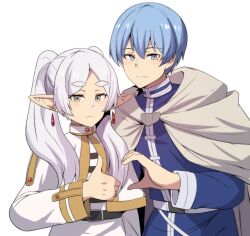 Rule 34 | 1boy, 1girl, absurdres, blue eyes, blue hair, blue shirt, cape, cloak, closed mouth, commentary, elf, english commentary, expressionless, frieren, grey eyes, heart hands failure, highres, himmel (sousou no frieren), hinghoi, light smile, long hair, long sleeves, looking at viewer, mole, mole under eye, pointy ears, pun, shirt, short hair, side-by-side, simple background, sousou no frieren, thick eyebrows, thumbs up, twintails, upper body, white background, white cape, white cloak