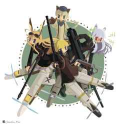 Rule 34 | 4girls, animal ears, bad id, bad pixiv id, blonde hair, blue eyes, chameleon man (three), cross, erica hartmann, flat color, goggles, green eyes, gun, hanna-justina marseille, hanna rudel, hat, head wings, heidimarie w. schnaufer, highres, hirschgeweih antennas, kamereon three, military, military uniform, multiple girls, no lineart, red eyes, skirt, strike witches, strike witches: suomus misfits squadron, striker unit, uniform, weapon, white hair, wings, witches of africa, world witches series