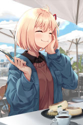Rule 34 | 1girl, absurdres, black shirt, blonde hair, blue jacket, blurry, blurry background, bob cut, brown sweater vest, building, chair, closed eyes, cloud, cloudy sky, collared shirt, commentary request, cup, day, eating, food, food request, fork, hand on own cheek, hand on own face, highres, holding, holding fork, holding knife, jacket, knife, lycoris recoil, nishikigi chisato, open clothes, open jacket, outdoors, pancake, parasol, plant, plate, potted plant, shirt, sky, solo, souffle pancake, sweater vest, table, table knife, teacup, umbrella, yu sa1126