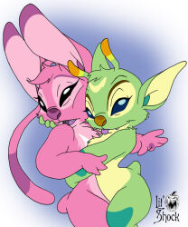 Rule 34 | 2girls, alien, angel (lilo &amp; stitch), arm around another, black eyes, blue eyes, bonnie (lilo and stitch), deviantart username, disney, green fur, hand on another&#039;s head, hug, lilo &amp; stitch, lilshock, looking at viewer, multicolored fur, multiple girls, pink fur, stitch!, tail, tongue, tongue out