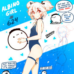 Rule 34 | 1girl, albino, albino girl (srgrafo), blue one-piece swimsuit, english text, one-piece swimsuit, original, red eyes, speech bubble, srgrafo, swimsuit, white hair