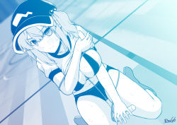 Rule 34 | 1girl, bikini, blue theme, blurry, blurry background, blush, boots, bound, breasts, closed mouth, clothes lift, commentary request, dutch angle, expressionless, flat cap, full body, hair bobbles, hair ornament, hat, highres, jump rope, kagiyama shachou, kawashiro nitori, large breasts, looking at viewer, medium hair, monochrome, shirt, shirt lift, sidelocks, sitting, solo, swimsuit, touhou, two side up, unlikely accident, wariza