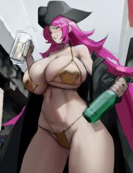 Rule 34 | 1girl, alcohol, bikini, black coat, black hat, bottle, breasts, coat, commentary, cup, eu03, fate/grand order, fate (series), francis drake (fate), gold bikini, green eyes, grin, hat, holding, holding bottle, holding cup, huge breasts, long hair, looking at viewer, mug, navel, off shoulder, open clothes, open coat, pink hair, pirate hat, scar, scar on face, smile, solo, string bikini, swimsuit, symbol-only commentary, very long hair