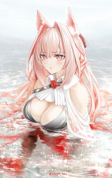 Rule 34 | 1girl, arknights, bare shoulders, blush, breasts, cleavage, commentary request, hair intakes, highres, large breasts, long hair, partially submerged, pink eyes, pink hair, pozyomka (arknights), solo, upper body, very long hair, water, yokaze (yokajie)