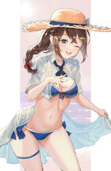 Rule 34 | 1girl, bikini, blue bikini, blue eyes, braid, breasts, brown hair, brown hat, hair flaps, hat, highres, kantai collection, kouga (mutsumi), large breasts, long hair, navel, official alternate costume, one eye closed, open clothes, open mouth, open shirt, shigure (kancolle), shigure kai san (kancolle), shirt, short sleeves, single braid, smile, solo, straw hat, swimsuit, thigh strap, white shirt