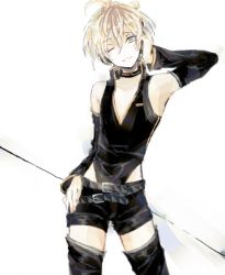 Rule 34 | 1boy, arm up, armpits, bare shoulders, belt, blonde hair, blue eyes, choker, collarbone, cowboy shot, detached sleeves, hand on own hip, headphones, highleg, highleg leotard, kagamine len, leotard, looking at viewer, male focus, nail polish, one eye closed, parted lips, project diva, project diva (series), project diva 2nd, punkish (module), saegome, shirt, short shorts, shorts, simple background, sleeveless, sleeveless shirt, smile, solo, speaker, thighhighs, v-neck, vocaloid, white background, yellow nails, zettai ryouiki