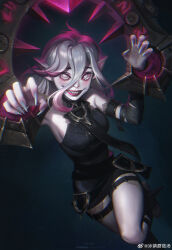 Rule 34 | 1girl, absurdres, artist name, belt, black belt, breasts, briar (league of legends), chilled mushroom, chromatic aberration, dated, fingernails, grey hair, grey nails, hair between eyes, highres, league of legends, long hair, looking at viewer, medium breasts, multicolored hair, no pupils, pink hair, pointy ears, sharp fingernails, sharp teeth, sidelocks, simple background, smile, solo, standing, streaked hair, teeth, two-tone hair, vampire, white eyes, wrist cuffs