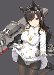 Rule 34 | 1girl, animal ears, atago (azur lane), azur lane, black hair, black pantyhose, blush, breasts, brown eyes, closed mouth, clothes lift, commentary request, cosplay, gloves, gusset, large breasts, lifted by self, long hair, looking at viewer, machinery, military, military uniform, miniskirt, mole, mole under eye, one eye closed, panties, panties under pantyhose, pantyhose, pleated skirt, ribbon, skirt, skirt lift, smile, solo, swept bangs, takao (azur lane), takao (azur lane) (cosplay), takayaki, thighband pantyhose, turret, underwear, uniform, white gloves, white panties, white ribbon
