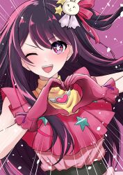 Rule 34 | 1girl, absurdres, belt, black belt, blush, commentary, dress, frilled dress, frilled gloves, frills, gloves, hair ornament, heart, heart hands, highres, hoshino ai (oshi no ko), idol, long hair, multicolored eyes, one eye closed, open mouth, oshi no ko, pink dress, pink gloves, pink ribbon, puroteinaa, purple eyes, purple hair, rabbit hair ornament, ribbon, sidelocks, smile, solo, star-shaped pupils, star (symbol), star hair ornament, symbol-shaped pupils, teeth, turtleneck, turtleneck dress