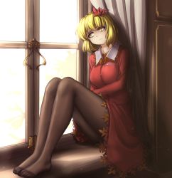 Rule 34 | 1girl, aki shizuha, blonde hair, blouse, breasts, brown pantyhose, commentary, curtains, day, depressed, feet, frown, hair ornament, hater (hatater), head tilt, highres, indoors, leaf, leaf hair ornament, leaf on head, legs, legs together, long sleeves, looking outside, maple leaf, medium breasts, no shoes, pantyhose, red shirt, red skirt, shirt, short hair, sitting, skirt, skirt set, solo, touhou, window, windowsill, yellow eyes