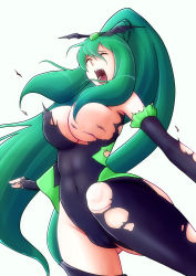 Rule 34 | 10s, 1girl, bad end march, bad end precure, bakusai, bodysuit, breasts, cleavage, closed eyes, corruption, covered navel, dark persona, defeat, fingerless gloves, gloves, green hair, large breasts, long hair, open mouth, pantyhose, ponytail, precure, screaming, simple background, skirt, smile precure!, solo, torn clothes, torn pantyhose, very long hair, white background, wings