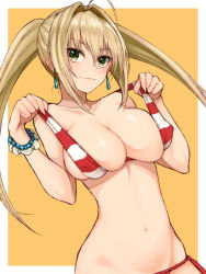 Rule 34 | 1girl, ahoge, bare shoulders, bead bracelet, beads, bikini, bikini pull, blonde hair, blush, border, bracelet, breasts, cleavage, closed mouth, clothes pull, cocq taichou, collarbone, commentary request, earrings, fate/grand order, fate (series), green eyes, hair between eyes, hair intakes, halterneck, highres, jewelry, large breasts, long hair, looking at viewer, navel, nero claudius (fate), nero claudius (fate) (all), nero claudius (swimsuit caster) (fate), red bikini, revision, skindentation, sling bikini top, smile, solo, striped bikini, striped clothes, swimsuit, twintails, white border, yellow background