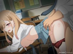 Rule 34 | 1boy, 1girl, bent over, blonde hair, blue skirt, blush, breasts, clothed sex, clothes lift, desk, doggystyle, earrings, eufoniuz, gyaru, hetero, highres, indoors, jewelry, kitagawa marin, large breasts, necktie, nipples, open mouth, panties, pink hair, red panties, school, school desk, school uniform, sex, sex from behind, shirt, shirt lift, skirt, skirt lift, solo focus, sono bisque doll wa koi wo suru, standing, standing sex, underwear, white shirt