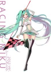 Rule 34 | 10s, 1girl, 2012, arm up, boots, character name, checkered flag, doming, elbow gloves, fingerless gloves, flag, full body, gloves, green eyes, green hair, hatsune miku, long hair, matching hair/eyes, navel, race queen, racing miku, racing miku (2012), solo, thigh boots, thighhighs, twintails, very long hair, vocaloid, white background