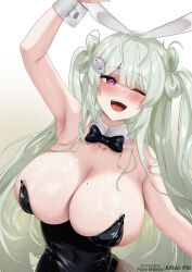 Rule 34 | 1girl, :d, absurdres, amai-pai, animal ears, arm up, armpits, black bow, black bowtie, blush, bow, bowtie, breasts, detached collar, fake animal ears, goddess of victory: nikke, green hair, highres, large breasts, leotard, long hair, mole, mole on breast, one eye closed, open mouth, pantyhose, playboy bunny, purple eyes, rabbit ears, smile, soda (nikke), soda (twinkling bunny) (nikke), solo, teeth, tongue, upper body, wrist cuffs