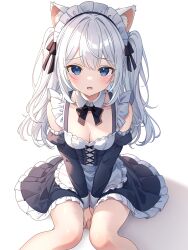 Rule 34 | animal ear fluff, animal ears, apron, between legs, black bow, blue eyes, blush, bow, breasts, cat ears, cat girl, cleavage, corset, cross-laced clothes, cross-laced corset, detached collar, dress, extra ears, frilled dress, frilled hairband, frills, hair between eyes, hair bow, hairband, hand between legs, highres, long hair, looking at viewer, maid, maid apron, open mouth, original, sitting, small breasts, spica 100594383, twintails, white hair