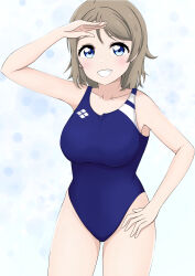 Rule 34 | 1girl, absurdres, blue eyes, blush, breasts, brown hair, highres, k66321408, looking at viewer, love live!, love live! sunshine!!, one-piece swimsuit, salute, short hair, simple background, smile, solo, swimsuit, thighs, watanabe you, wavy hair