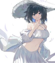 Rule 34 | 1girl, alternate costume, arknights, bare shoulders, black hair, blue eyes, breasts, cleavage, commentary, grin, hand up, hat, jewelry, kjera (arknights), large breasts, long sleeves, looking at viewer, off-shoulder shirt, off shoulder, pendant, shirt, short hair, simple background, skirt, skirt set, smile, solo, upper body, v, wawamachi (wawamachis), white background, white shirt, white skirt