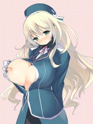 Rule 34 | 10s, 1girl, areola slip, atago (kancolle), black pantyhose, blonde hair, blush, breast slip, breasts, bursting breasts, green eyes, hat, kaede (sayappa), kantai collection, large breasts, long hair, military, military uniform, nipples, one breast out, open mouth, pantyhose, shu (aka), solo, unbuttoned, uniform