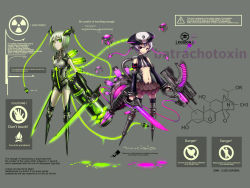 Rule 34 | 2girls, android, armband, armor, bad id, bad pixiv id, black thighhighs, breasts, cyborg, detached sleeves, dual wielding, english text, engrish text, female focus, frown, full body, gia, gloves, green eyes, green hair, gun, hair ornament, hat, highres, holding, mecha musume, midriff, multiple girls, navel, neon trim, original, personification, pink eyes, poison, poison (gia), purple hair, radioactivity (gia), ranguage, red eyes, robot, short hair, silver hair, smile, sword, syringe, tail, thighhighs, twintails, underboob, wallpaper, weapon, zipper