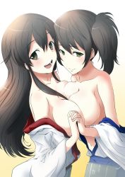 Rule 34 | 10s, 2girls, absurdres, akagi (kancolle), black eyes, black hair, blush, breast press, breasts, highres, holding hands, interlocked fingers, japanese clothes, kaga (kancolle), kantai collection, large breasts, long hair, looking at viewer, md5 mismatch, multiple girls, nekota susumu, open mouth, personification, resolution mismatch, short hair, side ponytail, simple background, smile, source smaller, symmetrical docking, transparent background, white background, yellow background