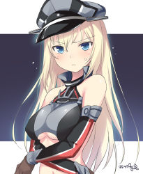 Rule 34 | 10s, 1girl, 47agdragon, adapted costume, bare shoulders, bismarck (kancolle), blonde hair, blue eyes, bodysuit, breasts, brown gloves, detached sleeves, gloves, hat, highres, kantai collection, large breasts, long hair, long sleeves, navel, outside border, sailor hat, solo, sweatdrop, underboob, very long hair