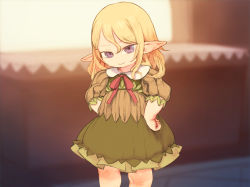 Rule 34 | 1girl, blonde hair, blurry, blurry background, bow, closed mouth, dress, feet out of frame, feral lemma, frilled dress, frills, green dress, hair between eyes, halfling, hands on own hips, highres, long hair, looking at viewer, no nose, petite, pointy ears, purple eyes, ribbon, smile, solo, standing
