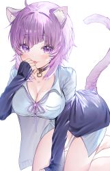 1girl :3 :p absurdres ahoge animal_collar animal_ear_fluff animal_ears black_collar breasts button_gap cat_ears cat_girl cat_tail cleavage collar collared_shirt diagonal_bangs dress_shirt hand_up highres hololive jacket long_sleeves looking_at_viewer medium_hair neck_ribbon nekomata_okayu nekomata_okayu_(oversized_shirt) no_pants off_shoulder official_alternate_costume official_alternate_hairstyle open_clothes open_jacket purple_eyes purple_hair purple_jacket purple_ribbon ribbon shirt simple_background sleeves_past_wrists solo tail tongue tongue_out virtual_youtuber wasemkn white_background white_shirt